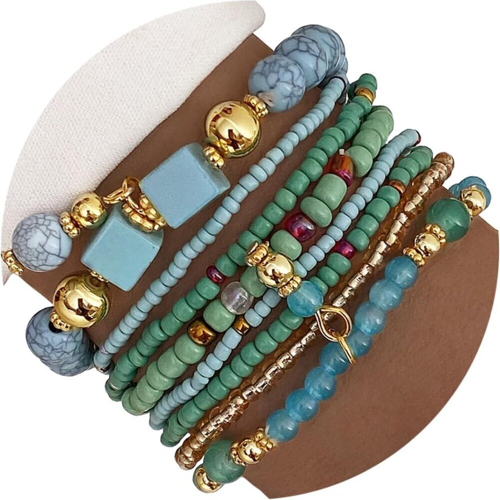8PCS Beaded Bracelets for Women, Multilayered Stackable Strand Stretch Bead Brac